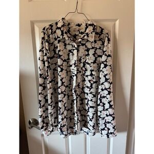 Skies Are Blue Floral Print‎ Button Up Shirt Women Size XL Navy White Pink